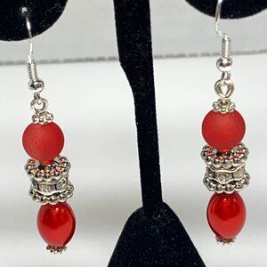 Artisan Silver Rhinestone Red Sea Glass & Red Glass Pearl Drop Earring